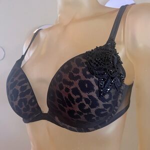 Y2K Vintage VS EUC Leopard Print, Fishnet, Beaded, Sequin, Padded Bra, Size 36C